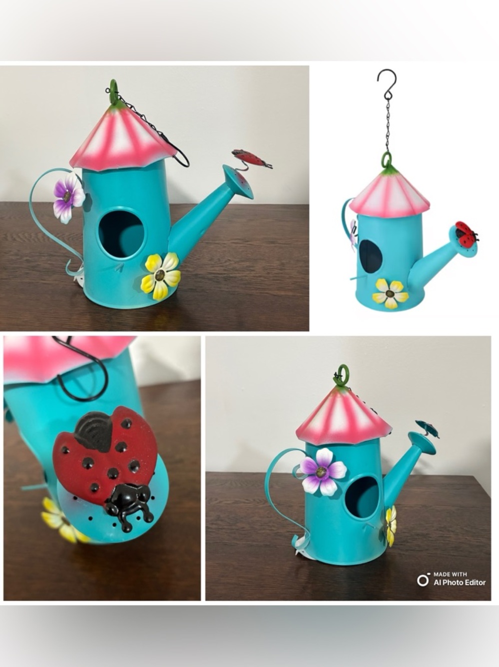 NWT- Beautiful Metal Watering Can Birdhouse w/ Flowers & Ladybug 🐞